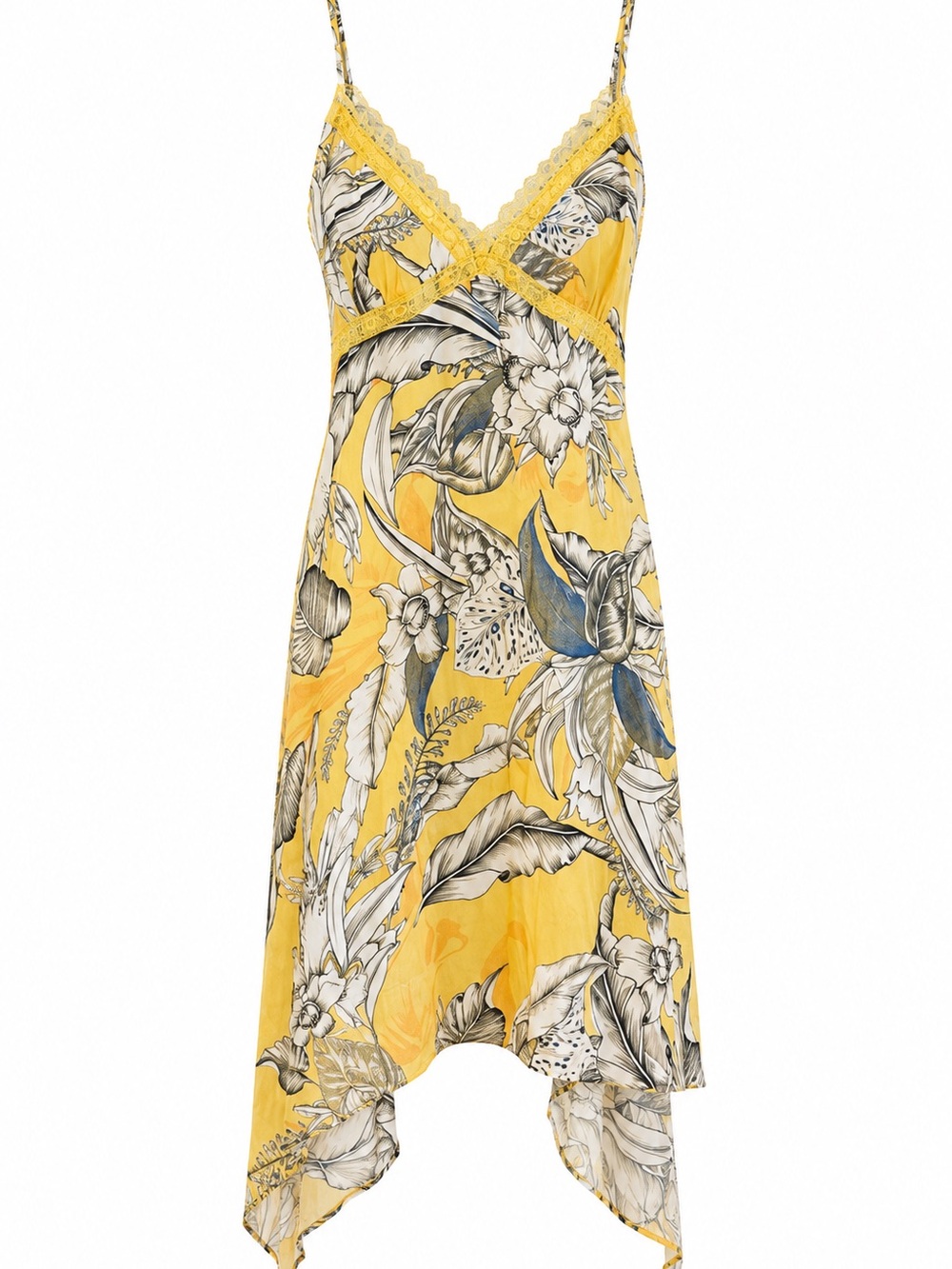 Maaji Yellow Floral Asymmetrical Slip Dress with Lace Trim